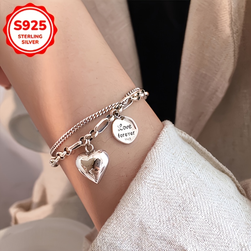 Women's S925 Heart & Letter Double-Layer Bracelet, Light Luxury
